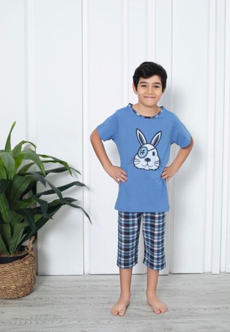 Pijama băieți, mânecă scurtă si pantalon 3/4, imprimeu iepure haios, albstru ,Engros
