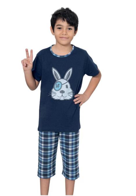 Pijama băieți, mânecă scurtă si pantalon 3/4, imprimeu iepure haios, albstru inchis ,Engros