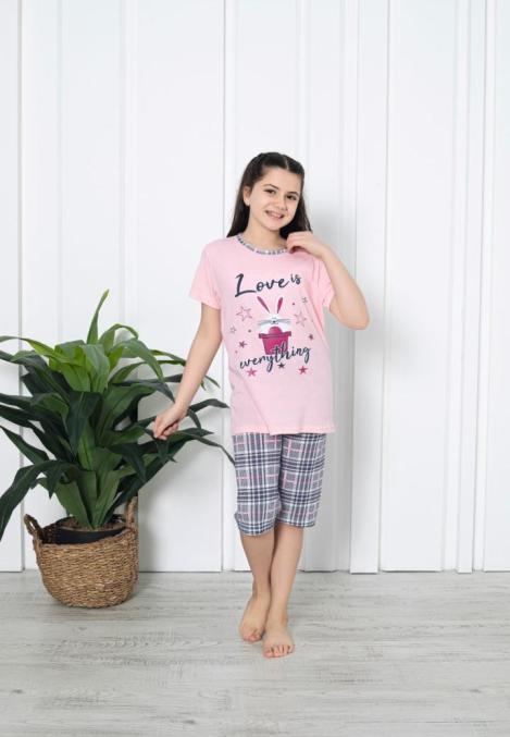 Pijama fetițe cu mânecă scurtă și pantalon 3/4, imprimeu Love Is Everything, roz deschis,Engros