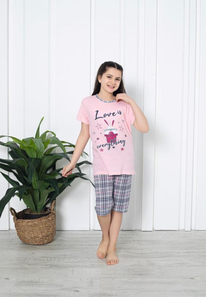 Pijama fetițe cu mânecă scurtă și pantalon 3/4, imprimeu Love Is Everything, roz deschis,Engros