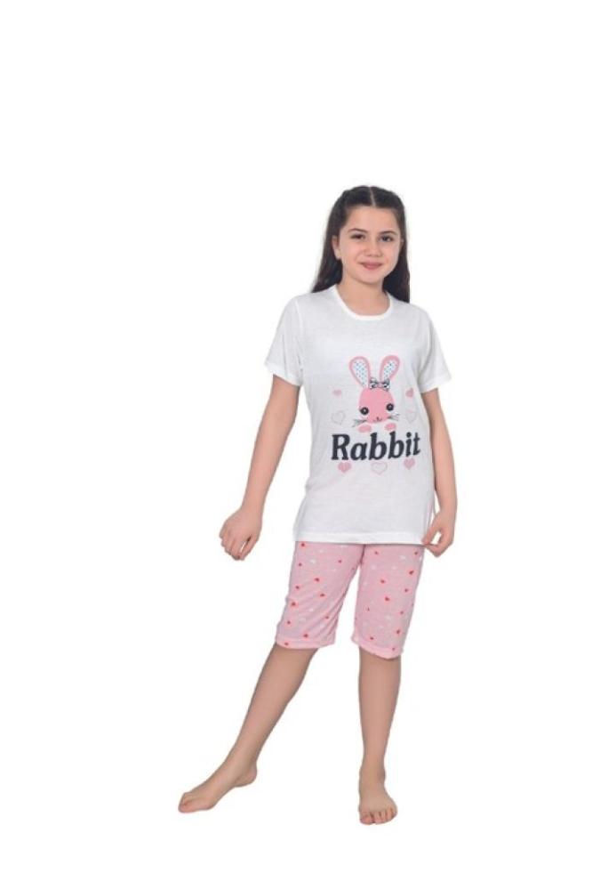 Pijama fetițe cu mânecă scurtă și pantalon 3/4, imprimeu Rabbit, alb,Engros