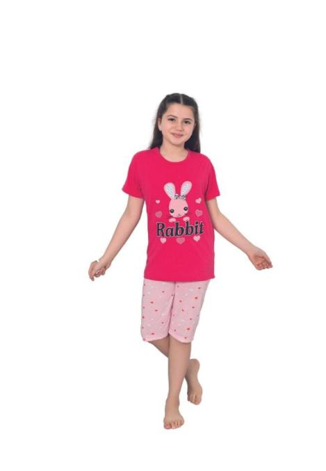 Pijama fetițe cu mânecă scurtă și pantalon 3/4, imprimeu Rabbit, Roz,Engros