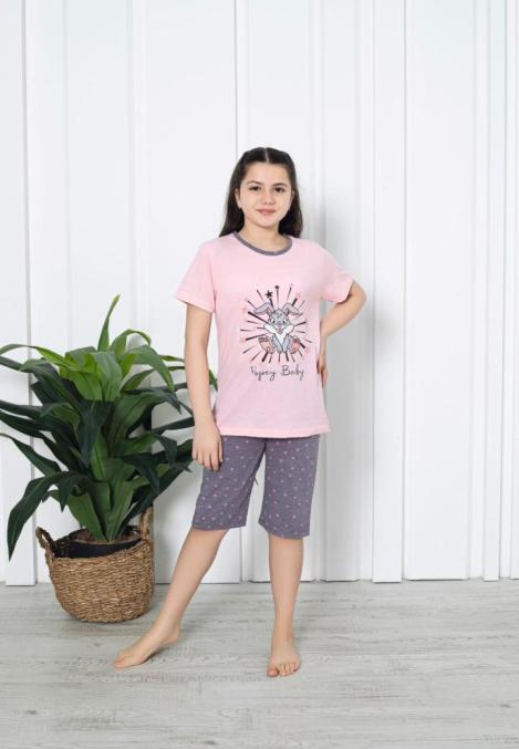 Pijama fetițe cu mânecă scurtă și pantalon 3/4,imprimeu Baby, roz ,Engros