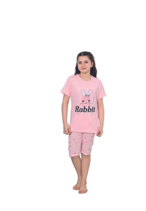 Pijama fetițe cu mânecă scurtă și pantalon 3/4,imprimeu Rabbit, roz deschis Engros