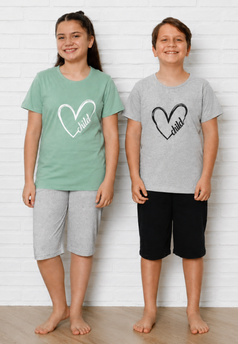Pijama Copii cu maneca scurta si pantalon 3/4, culoare Gri si Verde menta ,Engros