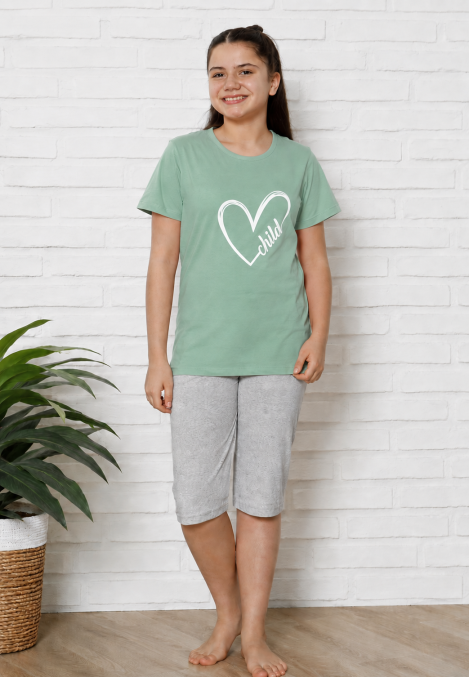 Pijama Copii cu maneca scurta si pantalon 3/4, culoare Gri si Verde menta ,Engros