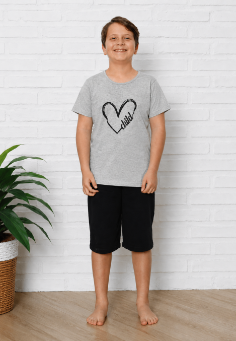 Pijama Copii cu maneca scurta si pantalon 3/4, culoare Gri si Verde menta ,Engros