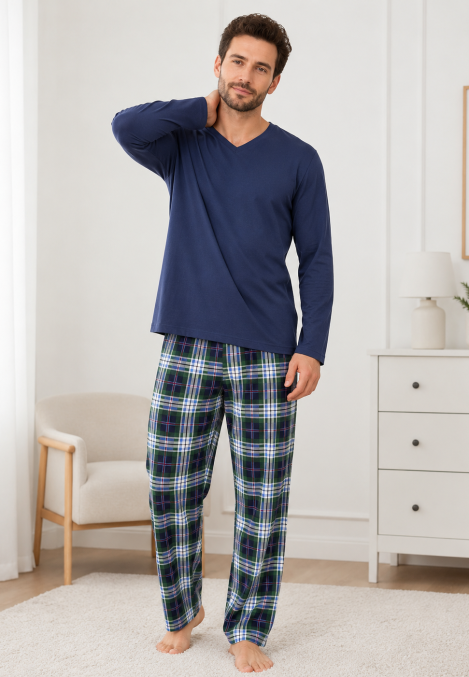 Pijama barbati Serena cu maneca lunga si pantalon lung-Bleumarim, Engros