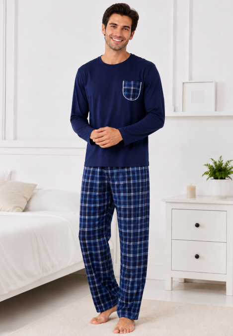 Pijama barbati Serena cu maneca lunga si pantalon lung-Bleumarin,Engros
