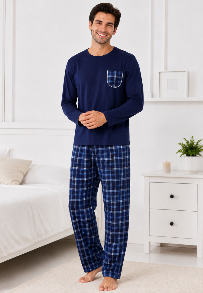 Pijama barbati Serena cu maneca lunga si pantalon lung-Bleumarin,Engros