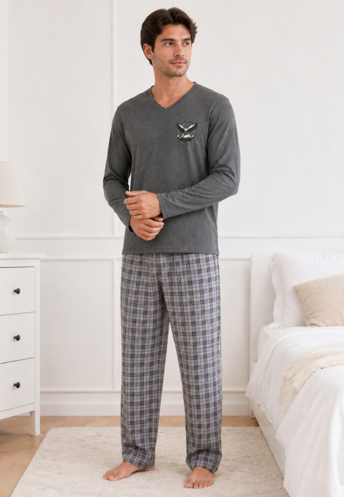 Pijama barbati Serena cu maneca lunga si pantalon lung-Gri ,Engros