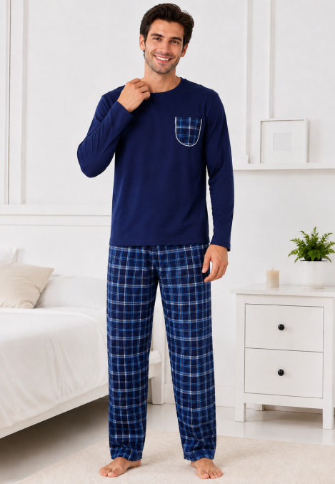Pijama barbati Serena cu maneca lunga si pantalon lung-Bleumarin,Engros