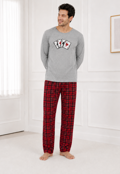 Pijama barbati Serena cu maneca lunga si pantalon lung- Gri,Engros