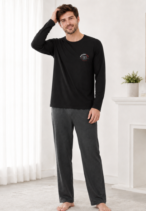 Pijama barbati Serena cu maneca lunga si pantalon lung- Negru,Engros
