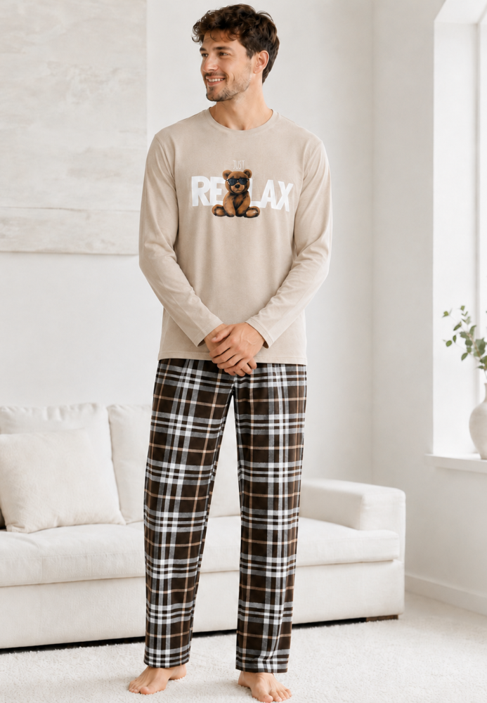 Pijama barbati Serena cu maneca lunga si pantalon lung- Bej,Engros