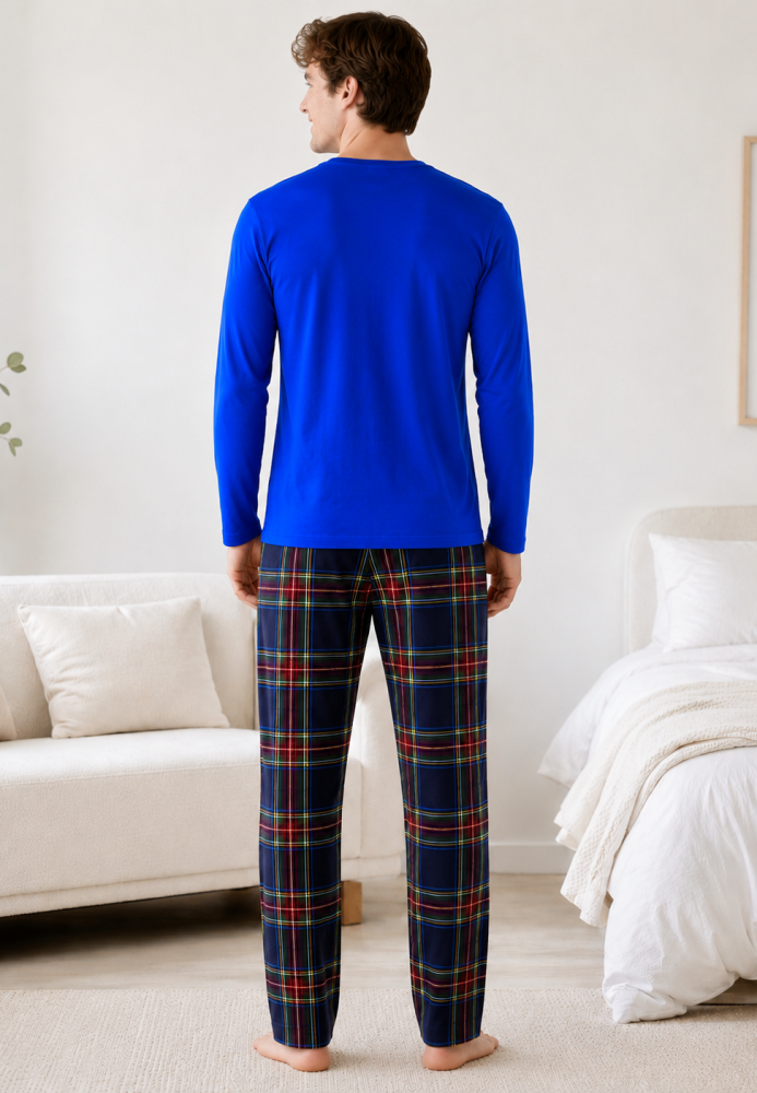 Pijama barbati Serena cu maneca lunga si pantalon lung-Albastru,Engros