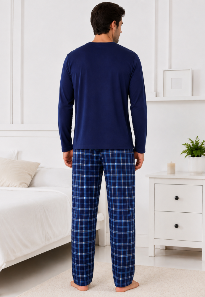 Pijama barbati Serena cu maneca lunga si pantalon lung-Bleumarin,Engros