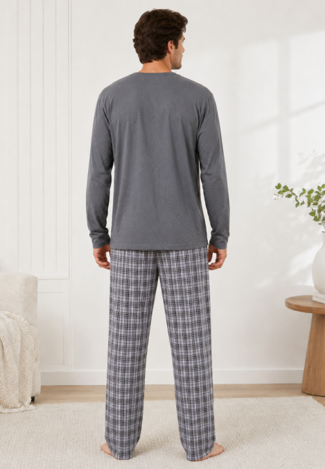 Pijama barbat Serena cu maneca lunga si pantalon lung-Gri, Engros