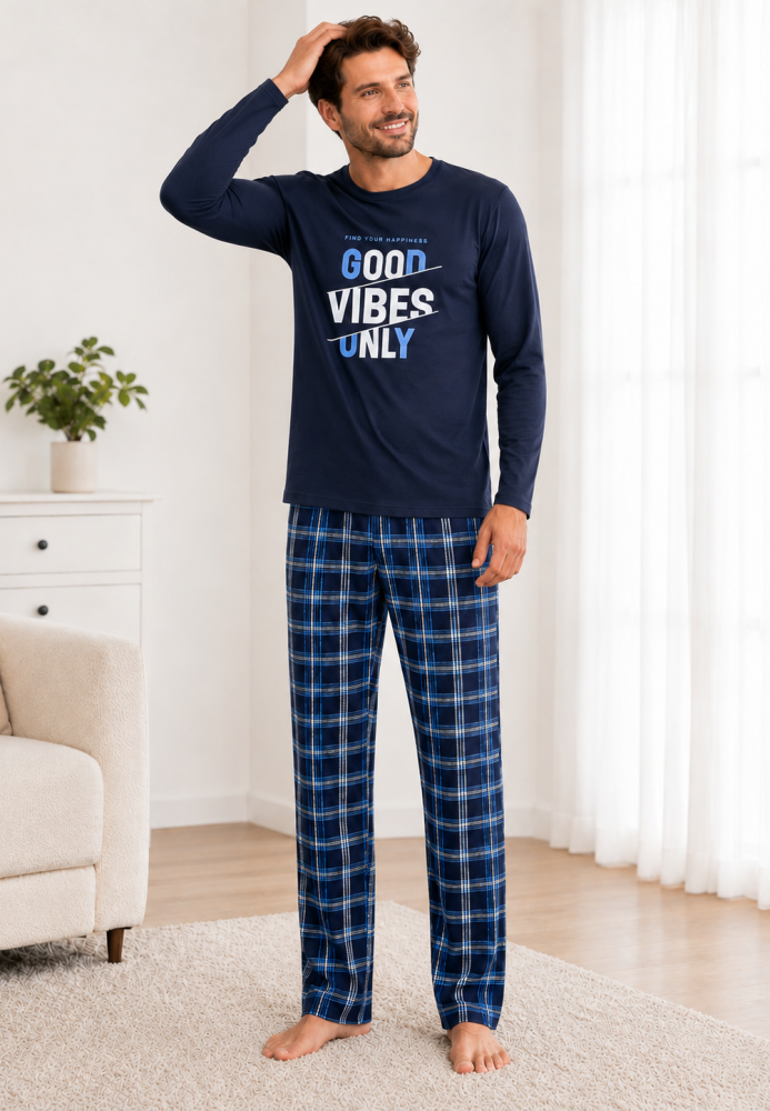 Pijama barbati Serena cu maneca lunga si pantalon lung- Bleumarin,Engros