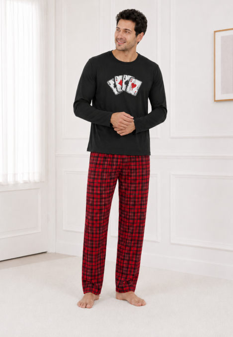 Pijama barbati Serena cu maneca lunga si pantalon lung- Negru,Engros