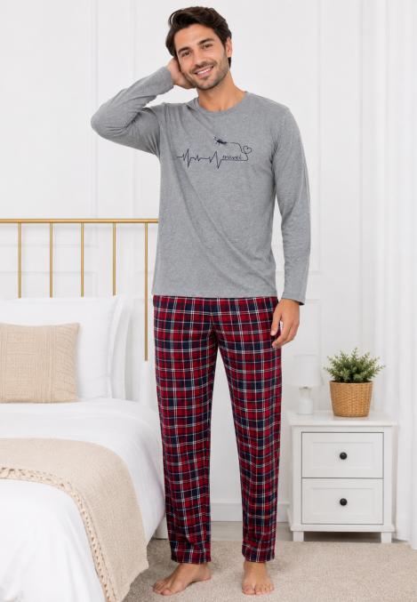 Pijama barbati Serena cu maneca lunga si pantalon lung-Gri,Engros