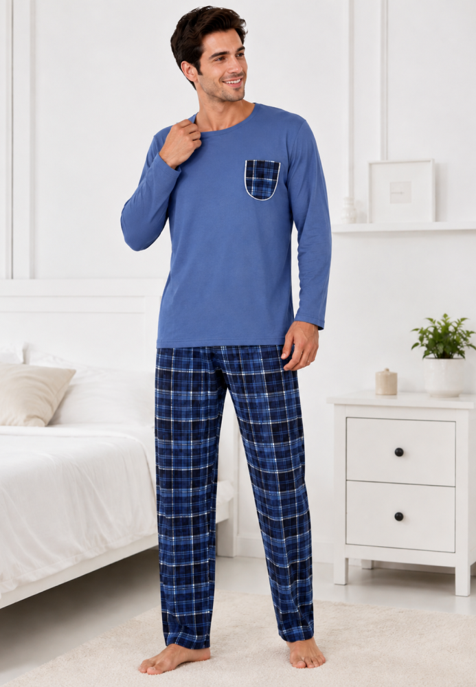 Pijama barbati Serena cu maneca lunga si pantalon lung-Albastru,Engros