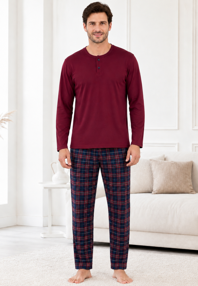 Pijama barbati Serena cu maneca lunga si pantalon lung-Bordo,Engros