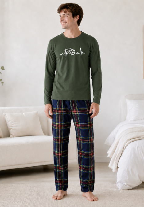 Pijama barbati Serena cu maneca lunga si pantalon lung-Kaki,Engros