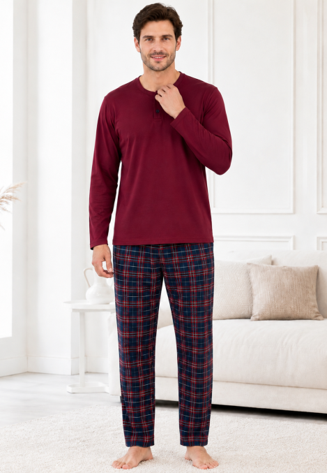 Pijama barbati Serena cu maneca lunga si pantalon lung-Bordo,Engros
