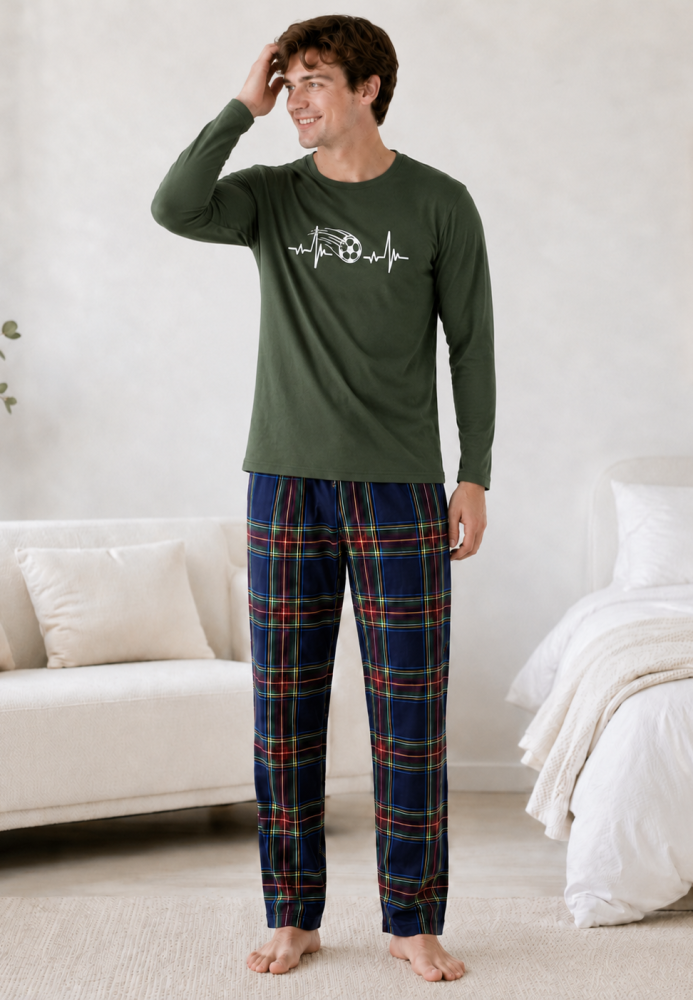 Pijama barbati Serena cu maneca lunga si pantalon lung-Kaki,Engros