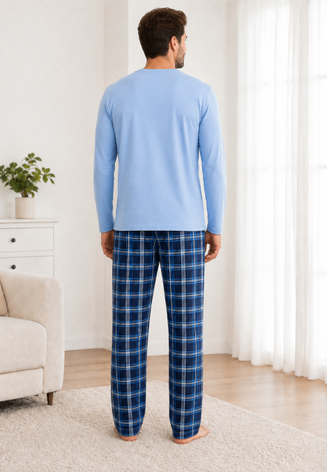 Pijama barbati Serena cu maneca lunga si pantalon lung- Bleu,Engros