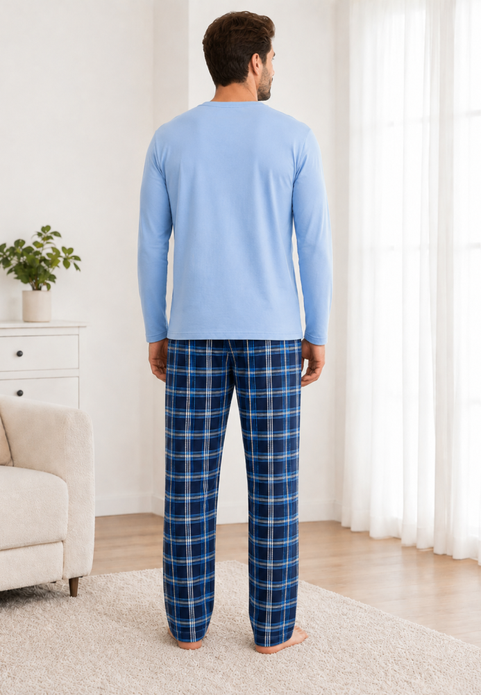 Pijama barbati Serena cu maneca lunga si pantalon lung- Bleu,Engros