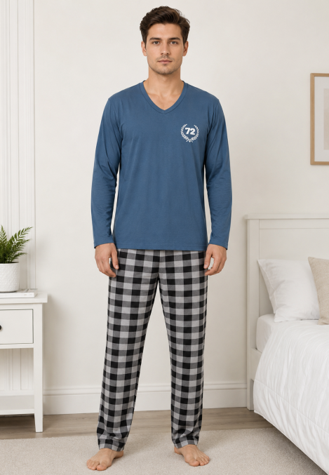 Pijama barbat Serena cu maneca lunga si pantalon lung-Albastru, Engros