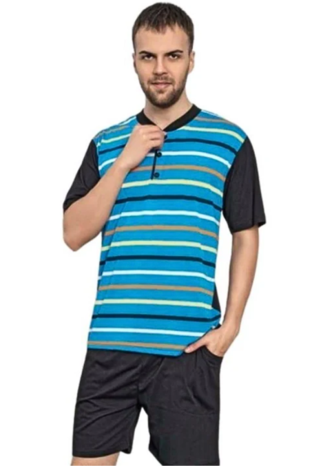 Pijama bărbați din bumbac, mânecă scurtă și pantaloni scurti- culoare albastru Engros