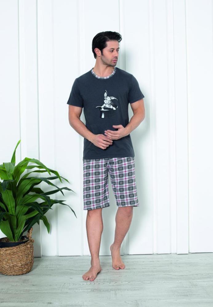 Pijama bărbat din bumbac, mânecă scurtă și pantaloni 3/4,imprimeu,Iepure,gri,inchis,Engros