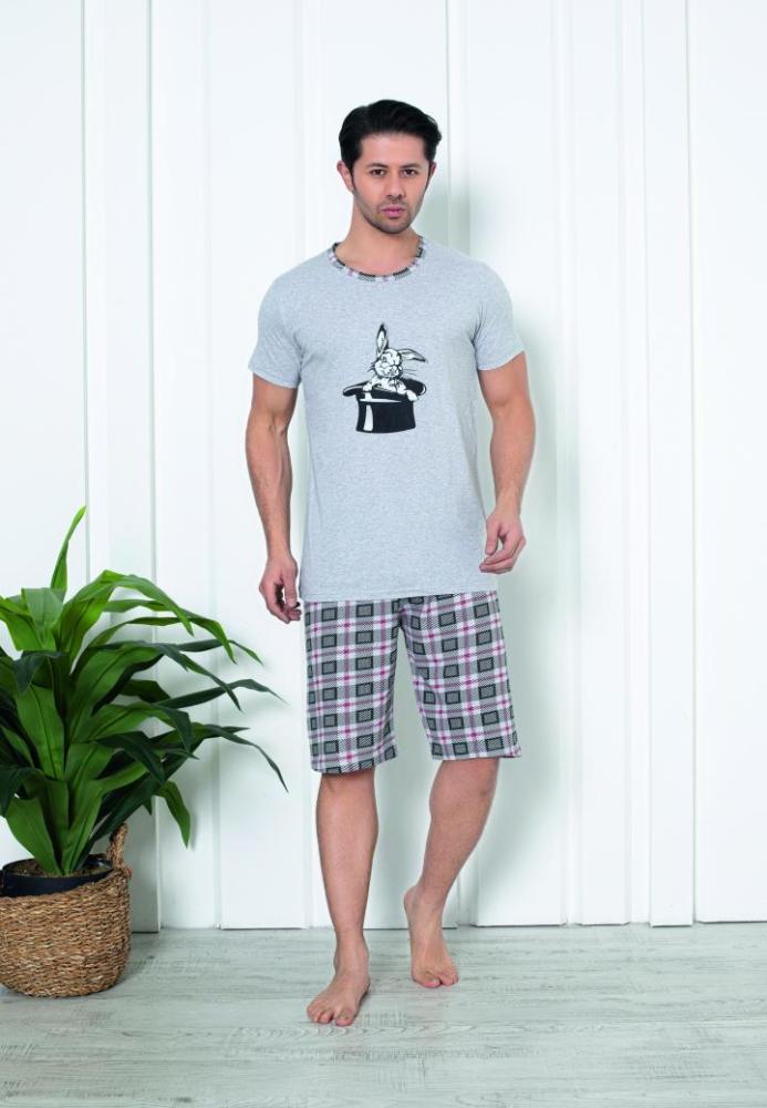 Pijama bărbat din bumbac, mânecă scurtă și pantaloni 3/4,imprimeu iepure,Gri,Engros