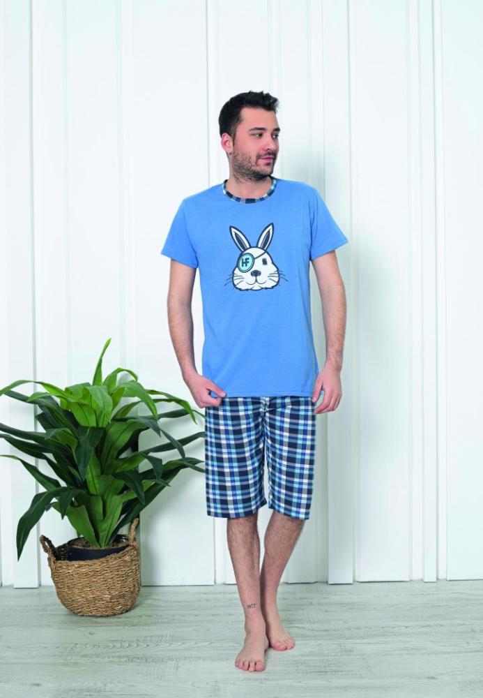 Pijama bărbat din bumbac, mânecă scurtă și pantaloni 3/4,imprimeu iepure pirat Indigo,Engros
