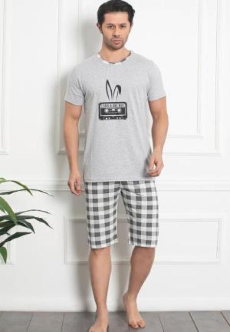 Pijama bărbat din bumbac, mânecă scurtă și pantaloni 3/4,imprimeu,Hip-Hop,Gri,Engros