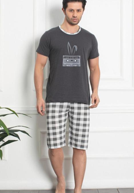 Pijama bărbat din bumbac, mânecă scurtă și pantaloni 3/4,imprimeu,Hip-Hop,gri,inchis,Engros