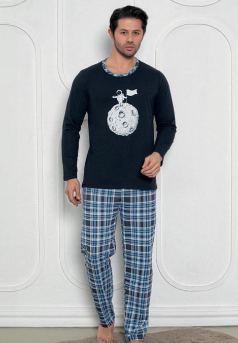 Pijama Bărbat , Mâneci Lungi și Pantaloni Lungi Asortați, Imprimeu Astronaut, Culoare Bleumarin,Engros