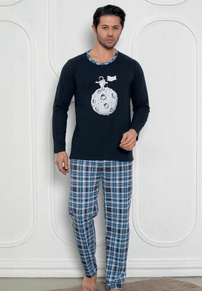 Pijama Bărbat , Mâneci Lungi și Pantaloni Lungi Asortați, Imprimeu Astronaut, Culoare Bleumarin,Engros
