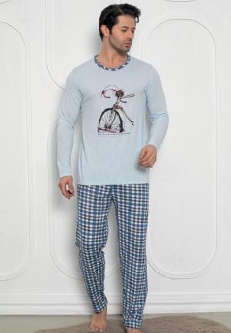 Pijama Bărbat , Mâneci Lungi și Pantaloni Lungi Asortați, Imprimeu Bicicletă, Culoare Bleu,Engros