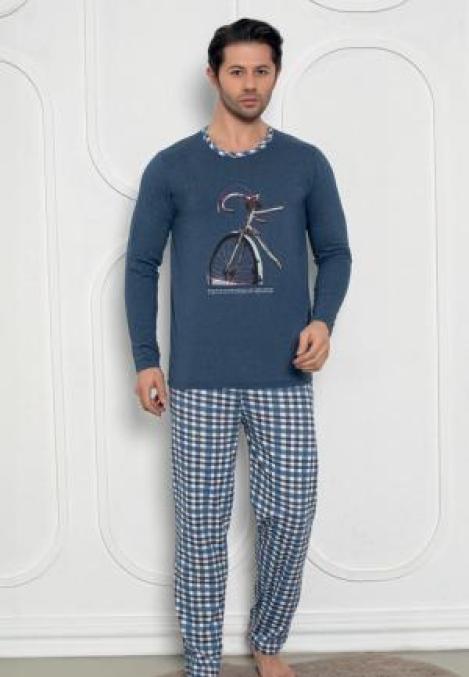 Pijama Bărbat , Mâneci Lungi și Pantaloni Lungi Asortați, Imprimeu Bicicletă, Culoare Bleumarin,Engros