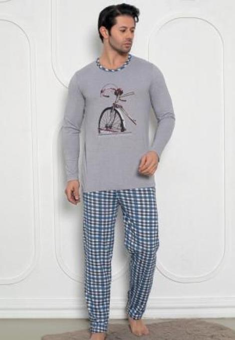 Pijama Bărbat , Mâneci Lungi și Pantaloni Lungi Asortați, Imprimeu Bicicletă, Culoare Gri,Engros