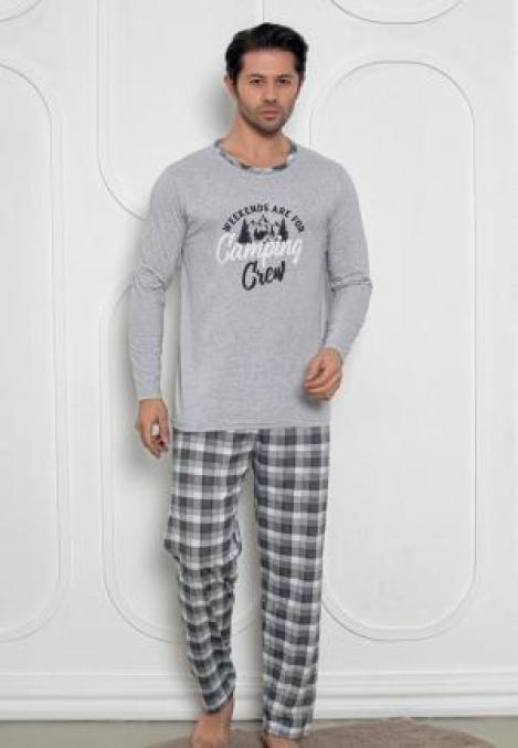 Pijama Bărbat, Mâneci Lungi și Pantaloni Lungi Asortați, Imprimeu ,,Camping'', Culoare Gri Engros