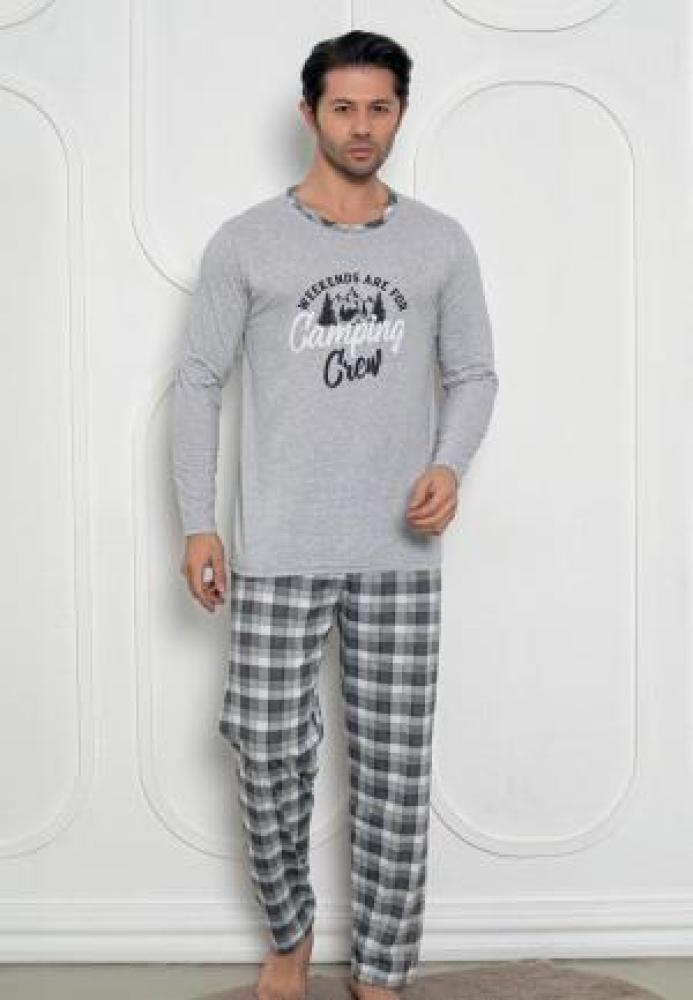 Pijama Bărbat, Mâneci Lungi și Pantaloni Lungi Asortați, Imprimeu ,,Camping'', Culoare Gri Engros