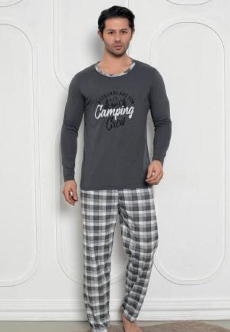 Pijama Bărbat, Mâneci Lungi și Pantaloni Lungi Asortați, Imprimeu ,,Camping'', Culoare Gri închis, Engros