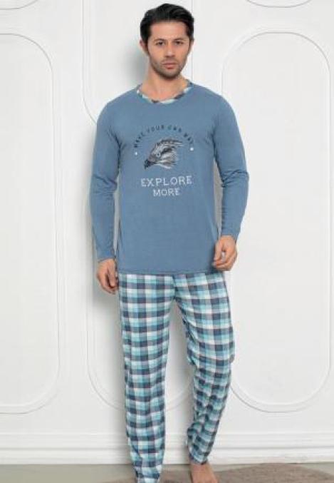 Pijama Bărbat , Mâneci Lungi și Pantaloni Lungi Asortați, Imprimeu ,,Explore More'',Culoare Albastru,Engros