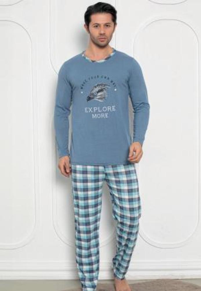 Pijama Bărbat , Mâneci Lungi și Pantaloni Lungi Asortați, Imprimeu ,,Explore More'',Culoare Albastru,Engros