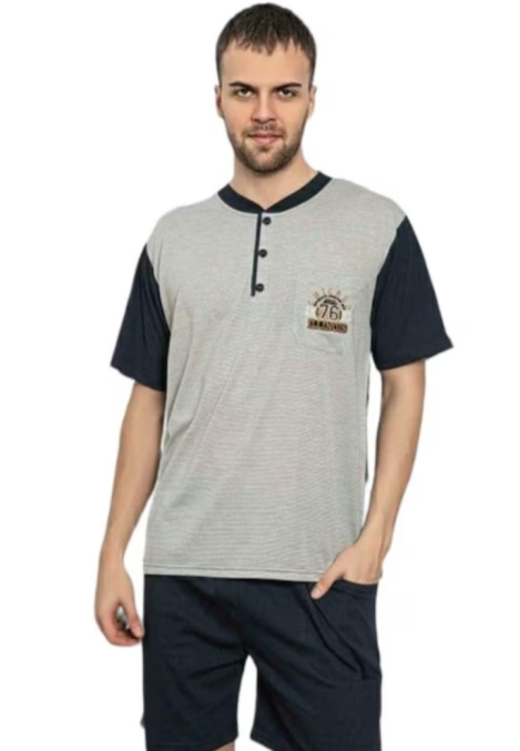 Pijama bărbați din bumbac, mânecă scurtă și pantaloni scurti- culoare gri,Engros